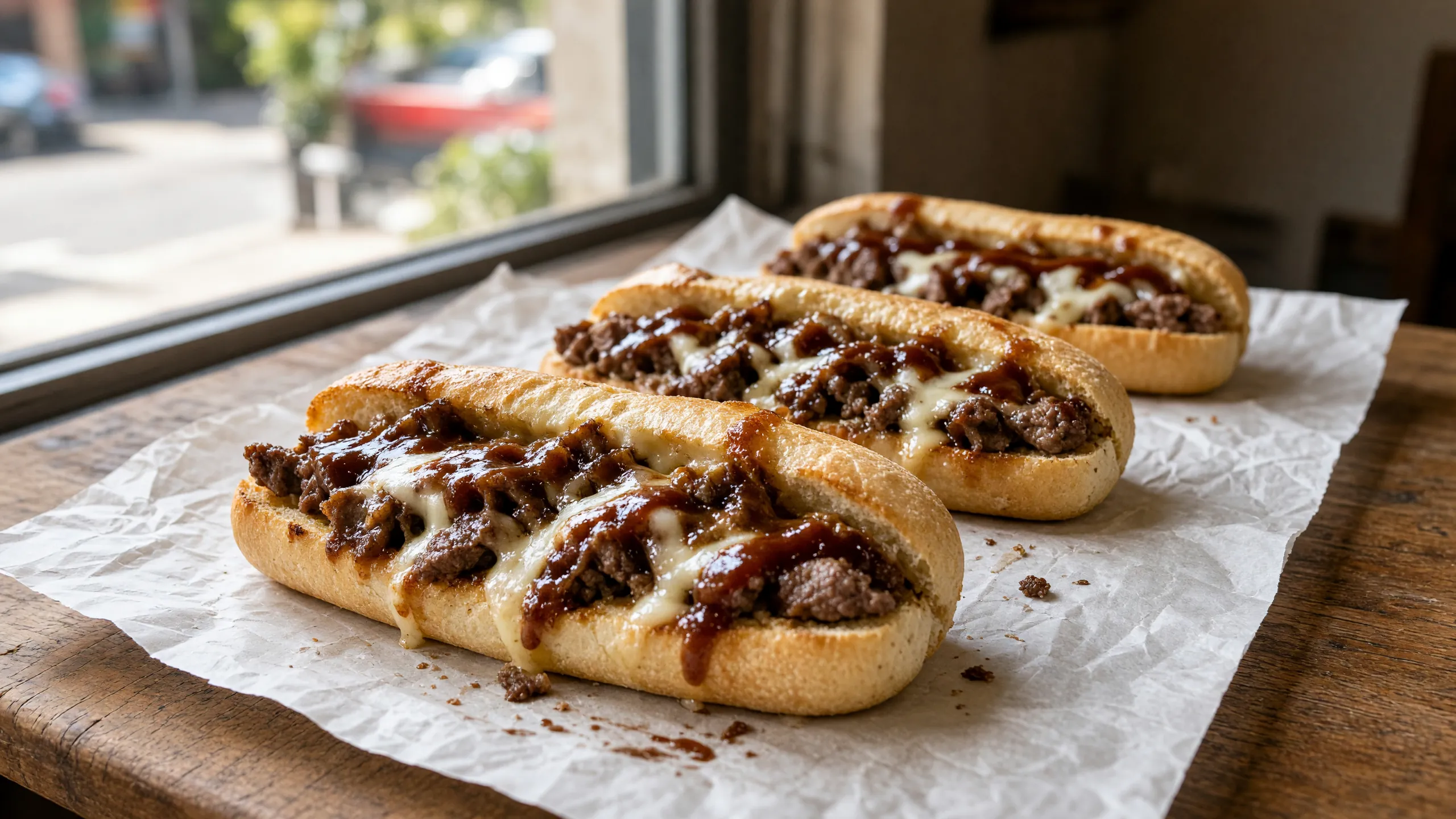 Steak and cheese subs with BBQ sauce on deli paper by the window