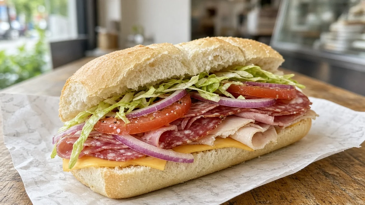 Assorted Sub with salami, ham, cheese, lettuce, tomato and red onion