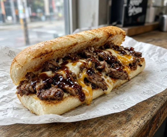 Steak & Cheese Sub with seasoned steak, melted cheese and smoky BBQ sauce